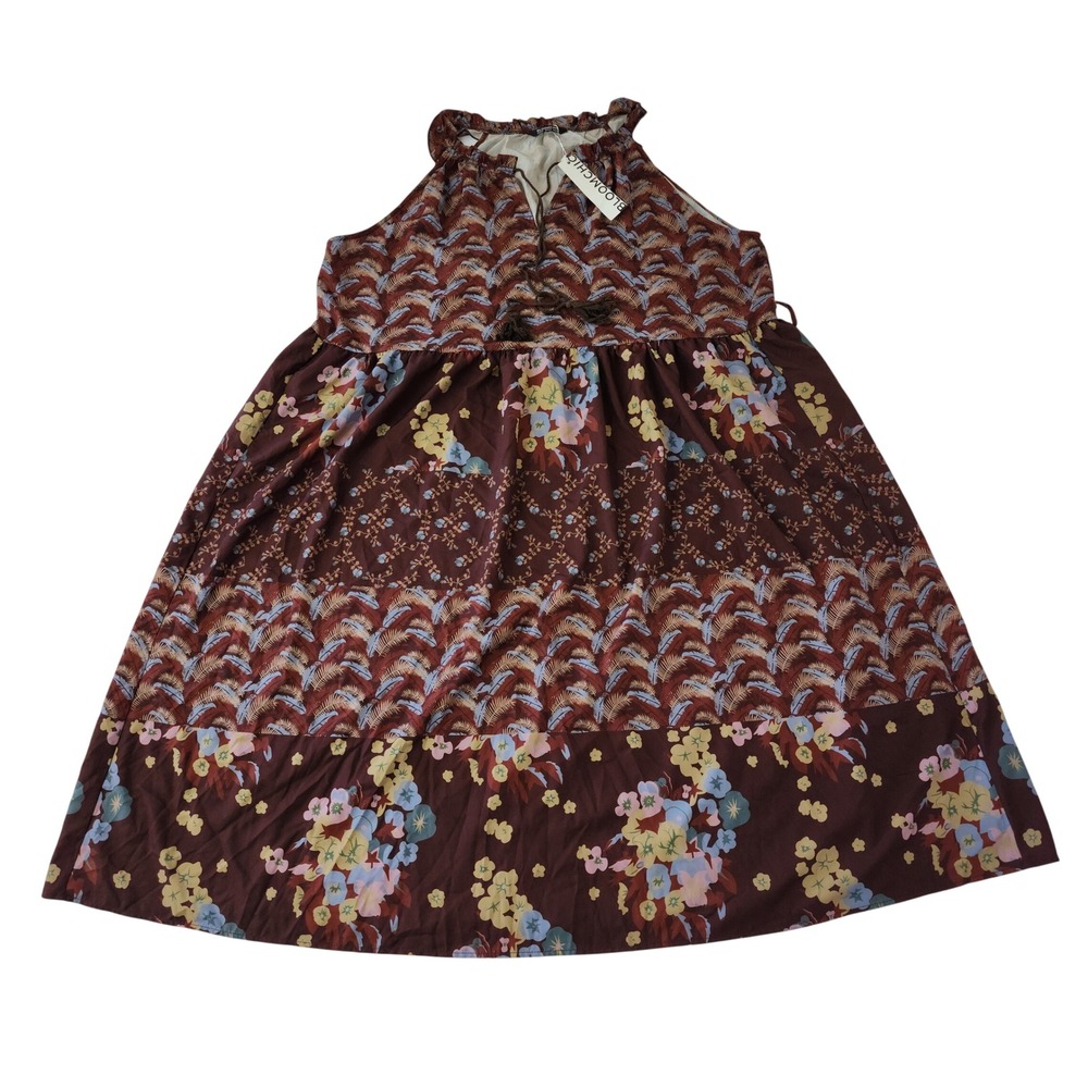 BloomChic Halter Floral Palm Print Tassel Dress Brown Blue Plus Size 22-24 NWT